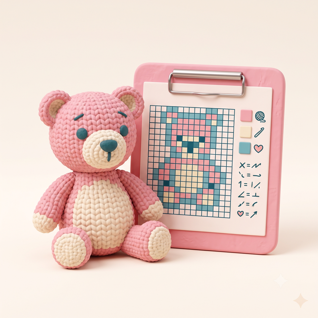 A crocheted teddy bear beside its generated crochet color chart